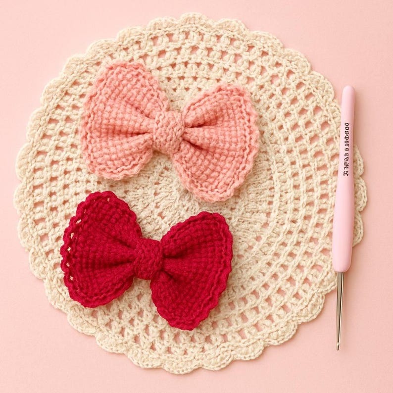 Pu&ograve; includere: Due fiocchi all'uncinetto, uno rosa chiaro e uno rosso scuro, appoggiati su un centrino rotondo all'uncinetto color crema. Un uncinetto rosa chiaro con la scritta "DODDOR 3.0mm" sul manico &egrave; posizionato verticalmente a destra del centrino.