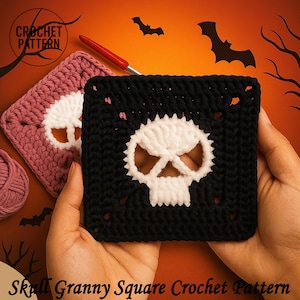 May include: A black and white skull granny square crochet pattern. The skull is white, with a black background. A pink and white granny square is to the left. The text "CROCHET PATTERN" and "Skull Granny Square Crochet Pattern" are visible.