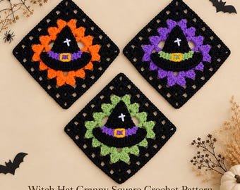 May include: Three square crochet motifs featuring a central black witch hat with a white cross and a colored band. The squares have orange, purple, and light green accents framed by black borders. Text reads: Witch Hat Granny Square Crochet Pattern.