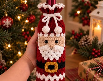 Patrón de ganchillo en PDF para portabotellas de vino navideño, lindo patrón para funda de botella, decoración festiva para las fiestas, decoración navideña acogedora, regalo de Navidad