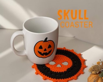 Halloween Skull Coaster Crochet Pattern PDF | Easy Halloween Crochet Decor | Cute Spooky Crochet PDF | Beginner Mug Rug Crochet Pattern