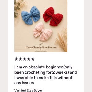 May include: Three handmade crochet bows in blue, red, and light pink colors. Each bow features a chunky ribbed texture and a central knot detail. The image includes the text "Cute Chunky Bow Pattern" and "by Mama And Stitches" at the bottom.
