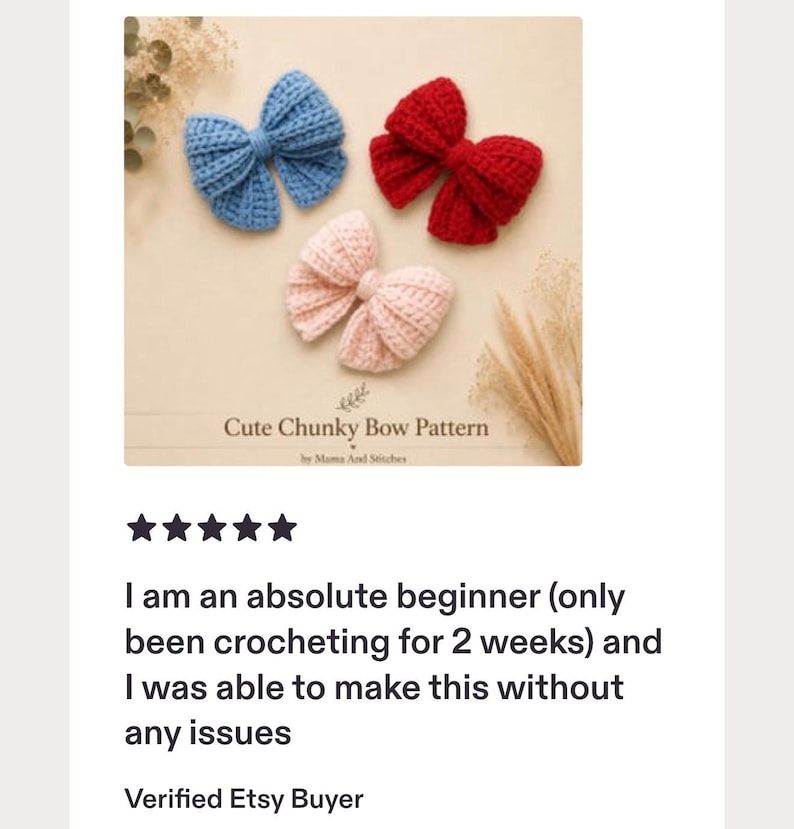 May include: Three handmade crochet bows in blue, red, and light pink colors. Each bow features a chunky ribbed texture and a central knot detail. The image includes the text "Cute Chunky Bow Pattern" and "by Mama And Stitches" at the bottom.