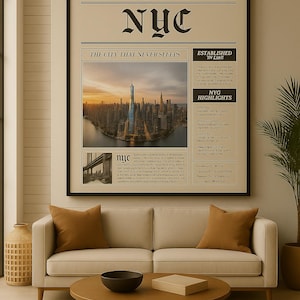 New York City Poster | NYC Wall Art Print | Newspaper Style Travel Decor | Minimalist Digital Download | State Art | Modern NY Poster
