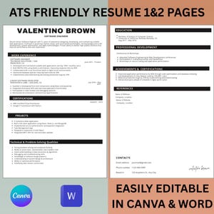 May include: A two-page resume template with the text "ATS FRIENDLY RESUME 1&2 PAGES". The resume includes sections for work experience, education, certifications, and projects. The template is easily editable in Canva and Word.