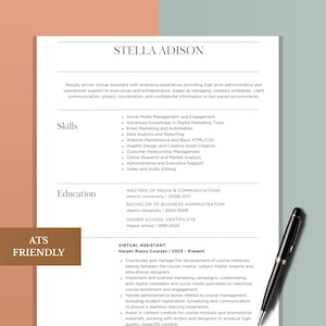 ATS対応バーチャルアシスタント履歴書、管理職向け履歴書、編集可能なWordファイル、カバーレター、即時ダウンロード