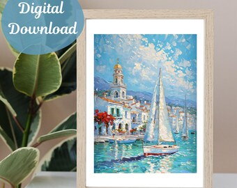 Mediterranean Coastal Town Print: Sailboats, Whitewashed Buildings (Digital Download)