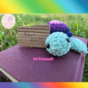 May include: A handmade crochet turtle in shades of blue, purple, and pink, with black safety eyes. A small cardboard sign reads "Adopt ME!!!" and the text "hi friend!" is below the turtle. The turtle rests on a purple book.