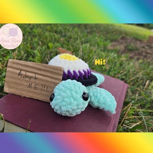 May include: A handmade crochet turtle in shades of teal, white, purple, yellow, and black. The turtle has large black eyes and is lying on a book. A small cardboard sign reads "Adopt ME!!!" with a "Hi!" speech bubble.