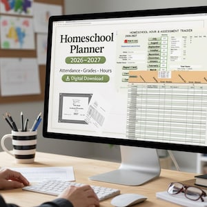May include: A computer screen displays a homeschool planner for 2026-2027, with sections for attendance, grades, and hours. The screen also shows a homeschool hour and assessment tracker. A person is using a keyboard and mouse on a wooden desk.