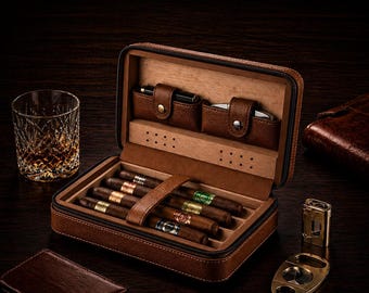 Étui à cigares en cuir personnalisé, cave à cigares de voyage avec hygromètre, briquet et coupe-cigares S, 6 cigares gravés, cadeau personnalisé pour homme