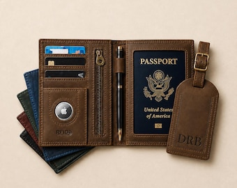 Personalisiertes AirTag-Passetui und Gepäckanhänger-Set aus echtem Leder, RFID-Schutz, AirTag-Fach, individuelles Reisegeschenk