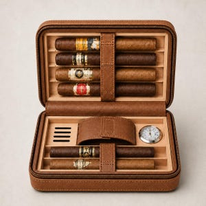 Personalized Leather Cigar Case, Travel Cigar Humidor with Hygrometer, Lighter & Cutter Slots, Holds 6 Cigars, Custom Engraved Gift for Men