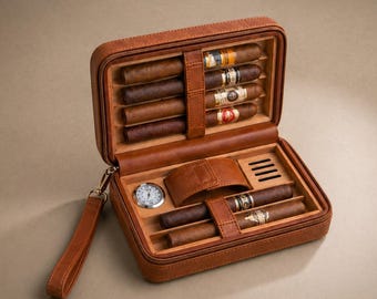 Gepersonaliseerde leren sigarenkoker, reissigarenhumidor met hygrometer, aansteker en sleuven, geschikt voor 6 sigaren, op maat gegraveerd cadeau voor mannen