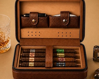 Personalisierte Leder-Zigarrenetui, Reise-Zigarren-Humidor, Feuerzeug- und Cutter-Steckplätze, Platz für 4 Zigarren, individuell graviertes Geschenk für Männer