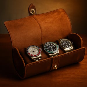 Puede incluir: Un estuche de cuero marrón para relojes con tres relojes de pulsera en su interior. Los relojes tienen correas plateadas y biseles de varios colores. El estuche está abierto, revelando un interior suave. Se cierra con una correa de cuero y un botón de latón.