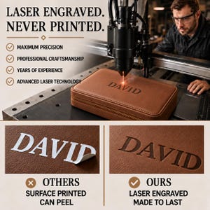 May include: A brown rectangular leather case being laser engraved with the name DAVID. The image includes text stating LASER ENGRAVED. NEVER PRINTED. and compares a peeling white printed name to a permanent laser engraved name on leather.