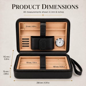 May include: A black leather cigar travel case with a cedar wood interior, featuring a built-in analog hygrometer, a black leather strap, and labeled dimensions including 8.19 inches in width, 5.59 inches in height, and 2.99 inches in depth.