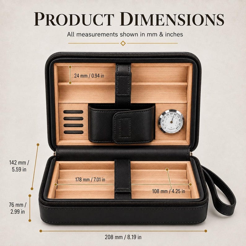 May include: A black leather cigar travel case with a cedar wood interior, featuring a built-in analog hygrometer, a black leather strap, and labeled dimensions including 8.19 inches in width, 5.59 inches in height, and 2.99 inches in depth.