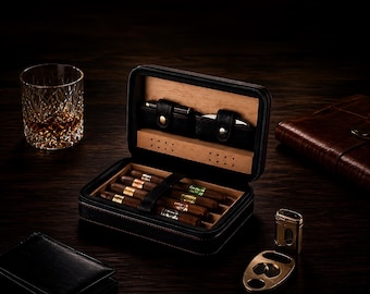 Personalisierte Leder-Zigarrenetui, Reise-Zigarren-Humidor mit Feuerzeug- und Cutter-Fächern, Platz für 4 Zigarren, individuell graviertes Geschenk für Männer