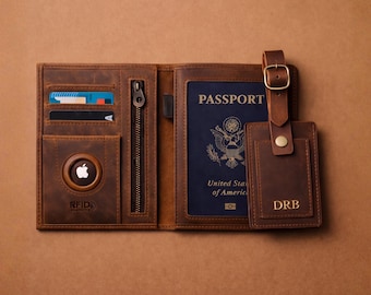 Personalized Leather Passport Holder: RFID Blocking AirTag Travel Wallet