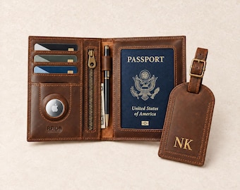 Personalized Leather Passport Holder with AirTag Slot, RFID Blocking Passport Cover, Custom Engraved Travel Wallet, Luggage Tag Gift