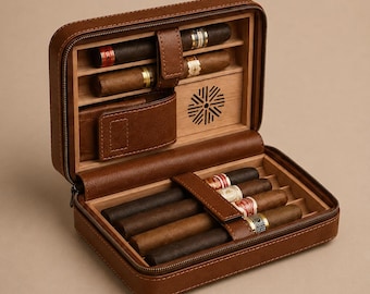 Personalisierte Leder-Zigarrenetui, Reise-Zigarren-Humidor, Feuerzeug & Cutter-Steckplätze, Platz für 6 Zigarren, individuell graviertes Geschenk für Männer