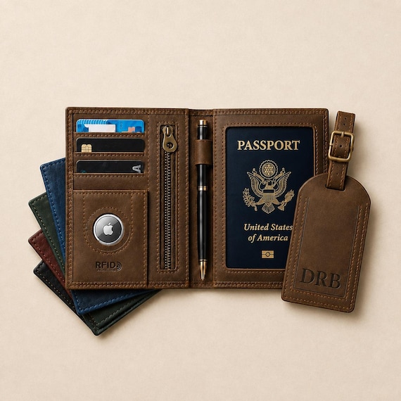 Personalized Genuine Leather AirTag Passport Holder & Luggage Tag Set, RFID Protection, AirTag Slot, Custom Travel Gift