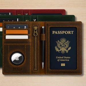 Carteira de couro genuíno personalizada com bloqueio RFID e capa para passaporte, capa de viagem com compartimento para etiqueta de ar, presente personalizado para homens e mulheres