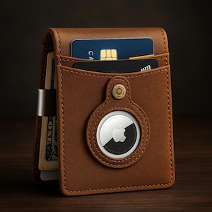 Può includere: Un portafoglio in pelle marrone con clip per banconote in metallo e tasca per carte. Il portafoglio è dotato di un AirTag Apple per il tracciamento. Sfondo scuro.