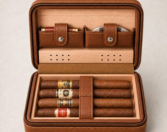 May include: A brown leather cigar travel case with a zipper closure, containing four cigars held by a central strap. The interior features a light wood lining, a perforated wooden divider, and two small storage pockets with snap buttons.