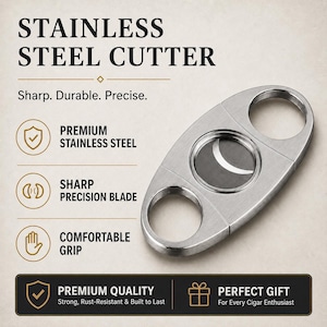 May include: A silver-toned stainless steel cigar cutter with two finger holes and a central circular blade opening. The text reads: STAINLESS STEEL CUTTER, Sharp. Durable. Precise., PREMIUM STAINLESS STEEL, SHARP PRECISION BLADE, COMFORTABLE GRIP, PREMIUM QUALITY, Strong, Rust-Resistant & Built to Last, PERFECT GIFT For Every Cigar Enthusiast.
