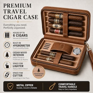 May include: A brown leather travel cigar case with a cedar wood interior, featuring a built-in hygrometer, a metal zipper, and a carrying handle. The case is organized to hold six cigars, a lighter, and a cutter, with text detailing its features.