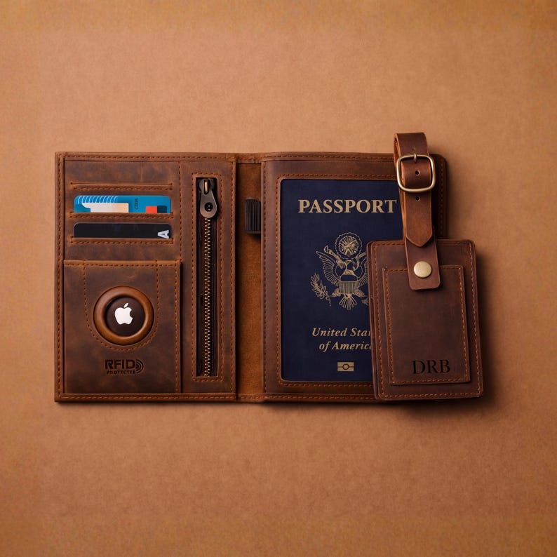 Personalized Leather Passport Holder: RFID Blocking AirTag Travel Wallet, Custom Engraved Case