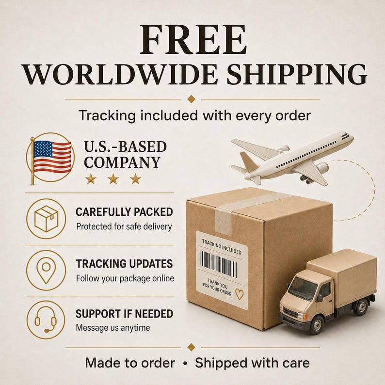 May include: A graphic featuring the text FREE WORLDWIDE SHIPPING, U.S.-BASED COMPANY, CAREFULLY PACKED, TRACKING UPDATES, and SUPPORT IF NEEDED. It includes a U.S. flag, a white airplane, a brown cardboard box, and a small tan delivery truck.