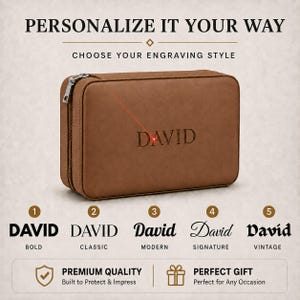 May include: A rectangular brown zippered case with the name DAVID engraved in the center. A red laser line points to the engraving. Below, five numbered font styles are displayed: BOLD, CLASSIC, MODERN, SIGNATURE, and VINTAGE. Text reads: PERSONALIZE IT YOUR WAY, CHOOSE YOUR ENGRAVING STYLE, PREMIUM QUALITY, and PERFECT GIFT.