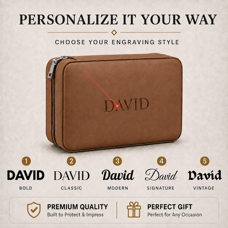May include: A rectangular brown zippered case with the name DAVID engraved in the center. A red laser line points to the engraving. Below, five numbered font styles are displayed: BOLD, CLASSIC, MODERN, SIGNATURE, and VINTAGE. Text reads: PERSONALIZE IT YOUR WAY, CHOOSE YOUR ENGRAVING STYLE, PREMIUM QUALITY, and PERFECT GIFT.