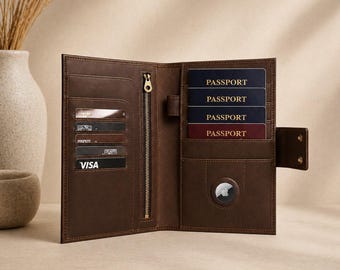 Personalized Genuine Leather Multi Passport Holder: RFID Blocking Custom Travel Wallet with AirTag Slot