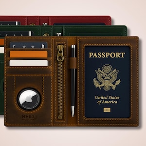 Personalized Genuine Leather RFID Blocking Passport Wallet Holder & Cover Case Travel with Air Tag Slot, Custom Gift For Men and Women