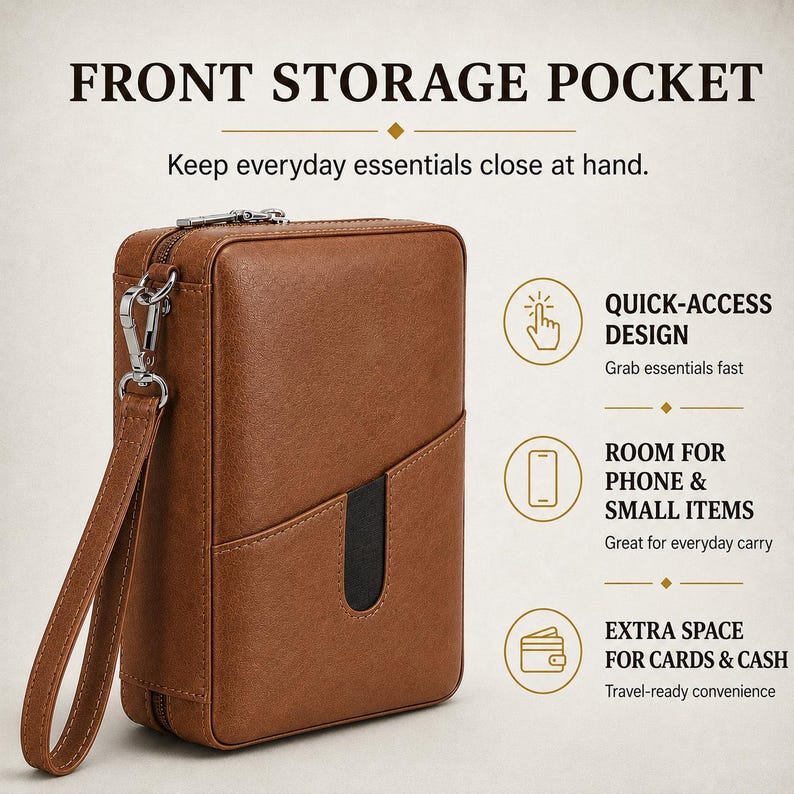 May include: A brown rectangular wristlet bag with a zippered top and a detachable wrist strap. The front features a diagonal storage pocket with a black accent. Text on the image includes FRONT STORAGE POCKET, QUICK-ACCESS DESIGN, ROOM FOR PHONE & SMALL ITEMS, and EXTRA SPACE FOR CARDS & CASH.