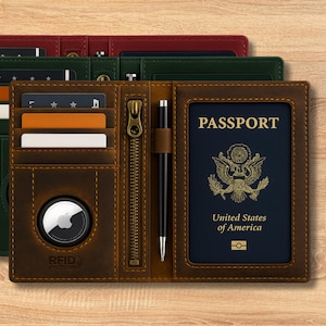 Personalized Genuine Leather RFID Blocking Passport Wallet Holder & Cover Case Travel with Air Tag Slot, Custom Gift For Men and Women