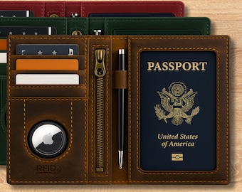 Personalized Genuine Leather RFID Blocking Passport Wallet Holder & Cover Case Travel with Air Tag Slot, Custom Gift For Men and Women