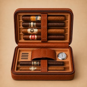 Personalisiertes Zigarrenetui aus Leder, Reise-Humidor mit Hygrometer, Fächern für Feuerzeug und Cutter, Platz für 6 Zigarren, individuell graviertes Geschenk für Männer