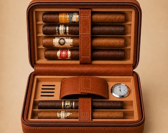 Personalized Leather Cigar Case, Travel Cigar Humidor with Hygrometer, Lighter & Cutter Slots, Holds 6 Cigars, Custom Engraved Gift for Men