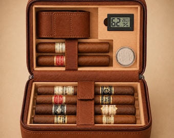 Personalisierter Zigarrenhumidor, Reiseetui für 6 Zigarren mit digitalem Hygrometer, Zedernholz, Aufbewahrung für Feuerzeug und Cutter, graviertes Geschenk für Männer