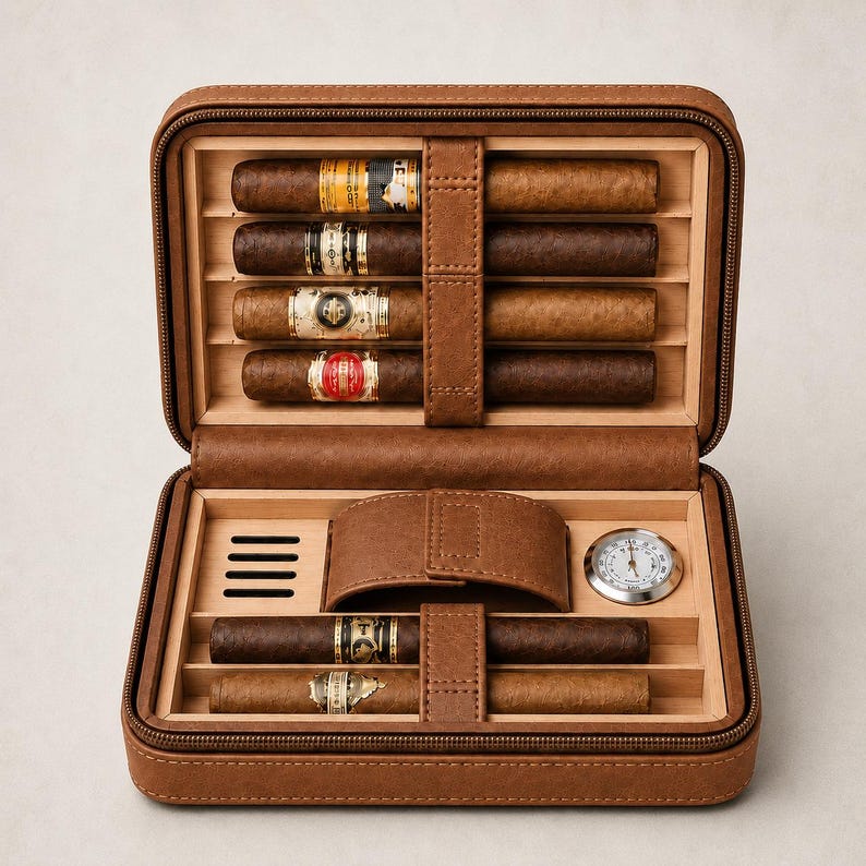 May include: A brown leather cigar travel case with a zipper closure, containing six cigars with various paper bands. The interior is lined with light wood and features a small round analog hygrometer and a central leather strap for security.