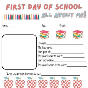 First day of school all about me worksheet, kindergarten worksheet, pre-k worksheet, homeschool worksheet, first day of school, all about me