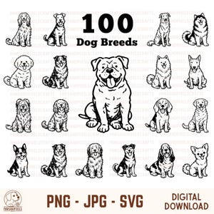 Könnte beinhalten: Schwarz-Weiß-Illustrationen von 100 Hunderassen. Das Bild enthält den Text "100 Dog Breeds", "PNG - JPG - SVG" und "DIGITAL DOWNLOAD". Ein Hundelogo befindet sich unten links.