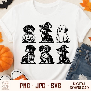 Peut inclure: T-shirt blanc avec six illustrations de teckels noirs et blancs en costumes d'Halloween. Les teckels sont déguisés en citrouille, sorcière, fantôme, squelette, momie et sorcière. Le texte en bas indique "PNG - JPG - SVG" et "TÉLÉCHARGEMENT NUMÉRIQUE".
