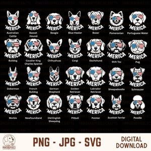 Bundle Merica SVG 28 chiens, chien patriotique PNG, clipart 4 juillet (téléchargement numérique)
